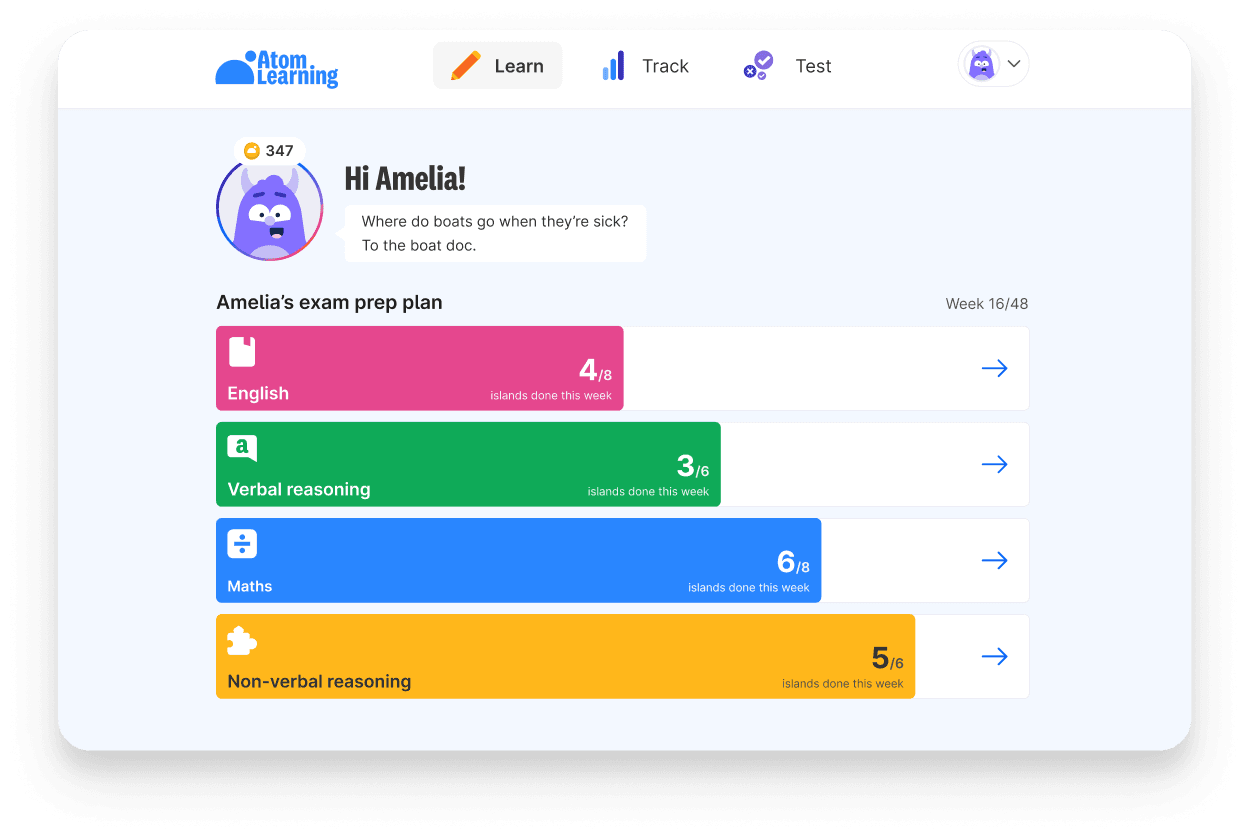 Amelia's exam prep plan on Atom Home, showing her weekly progress in English, verbal reasoning, maths and non-verbal reasoning