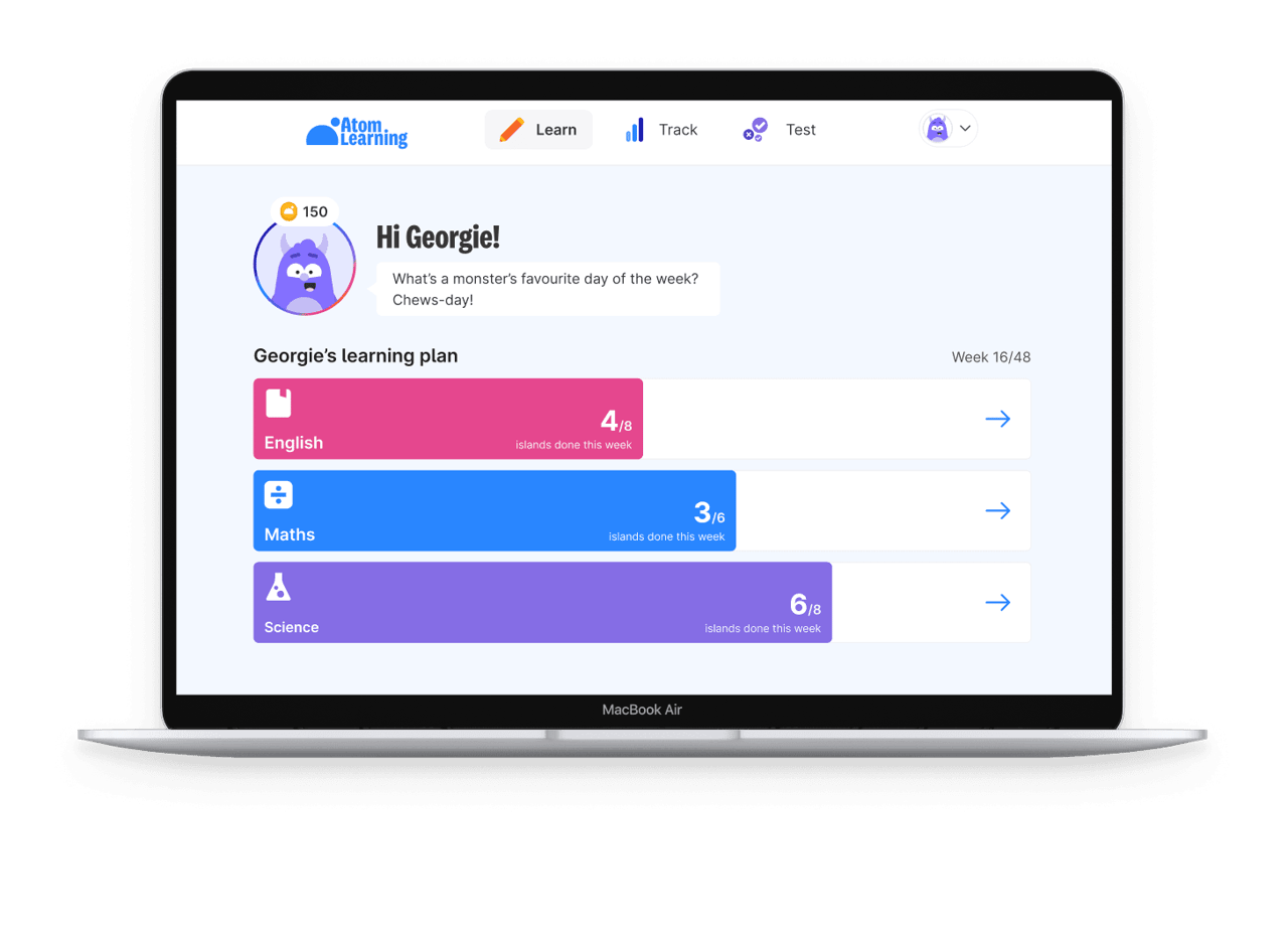 Child's learning plan, showing how many English, maths and science activities they have completed this week, on Atom Home