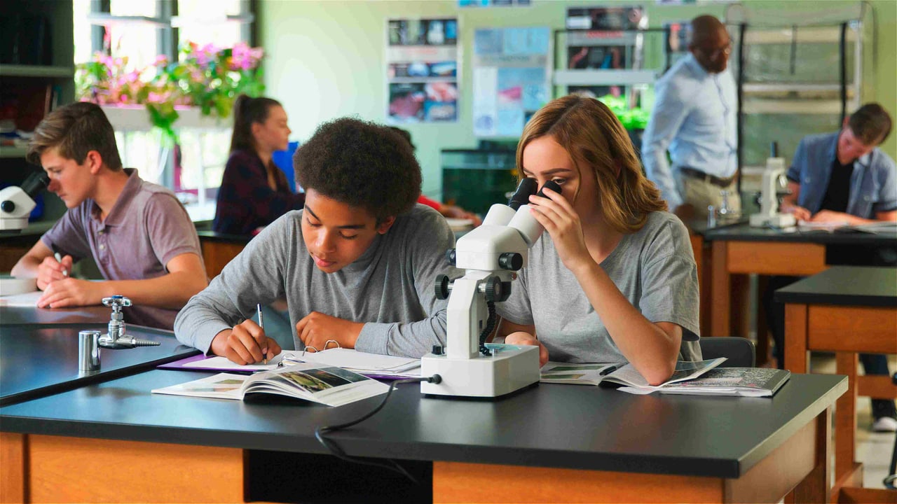 Two GCSE students looking through a microscope during a biology lesson