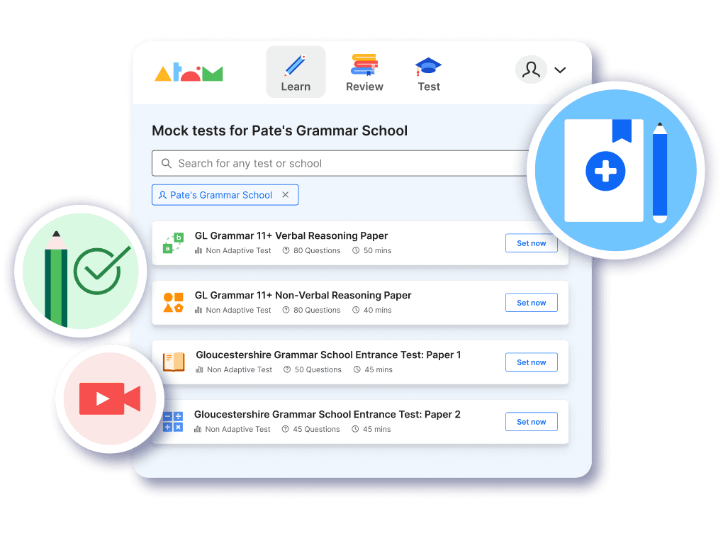Mock tests for Pate's Grammar School on Atom Home