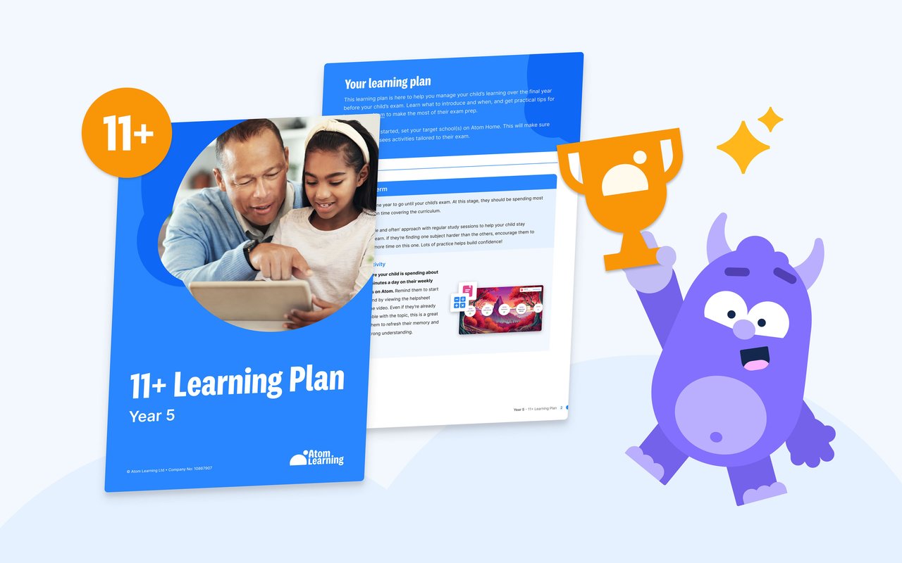 Example pages from from Atom Learning's free 11+ learning plans and topic lists