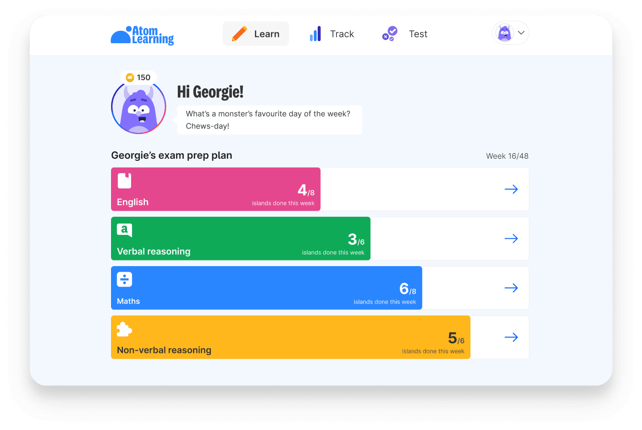 Georgie's exam prep plan on Atom Home, showing the number of topics completed this week in English, maths, verbal reasoning and non-verbal reasoning