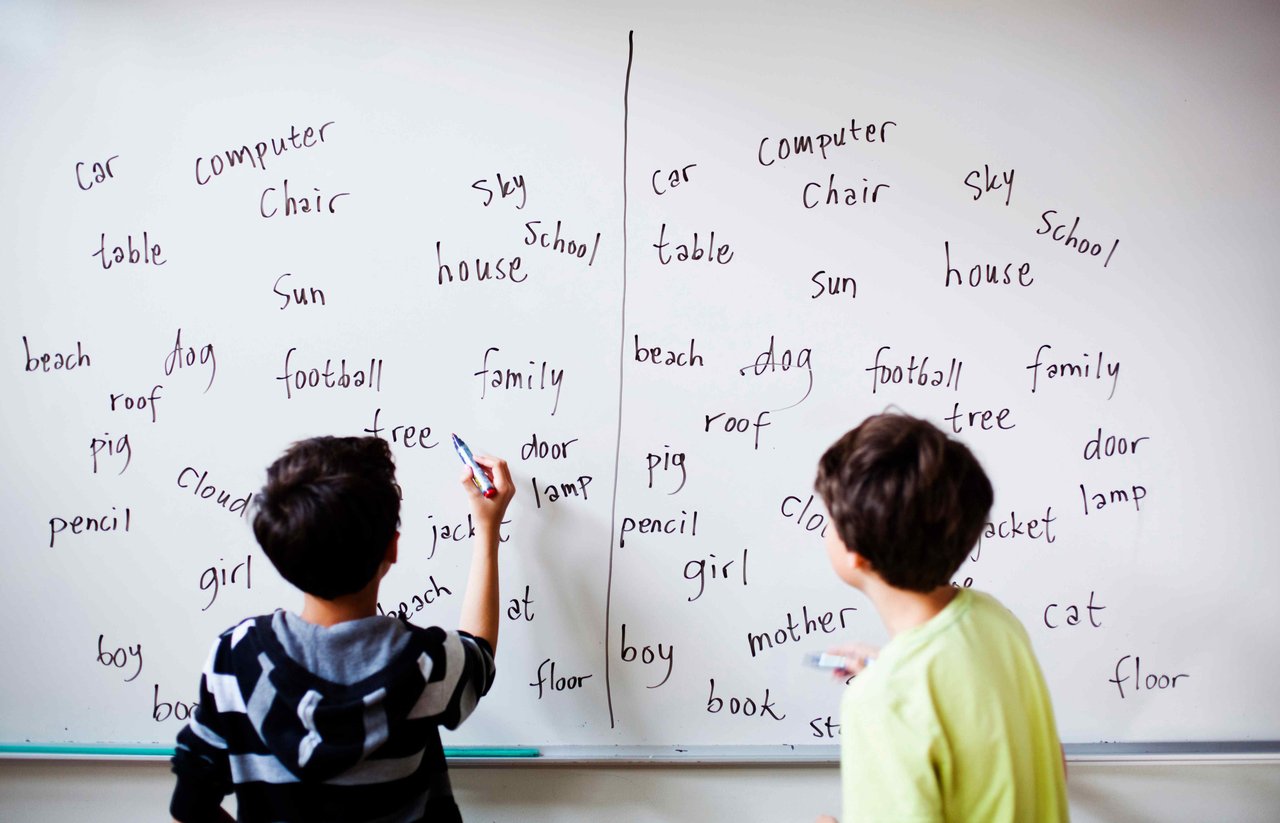 Rear view of two boys writing nouns on a whiteboard