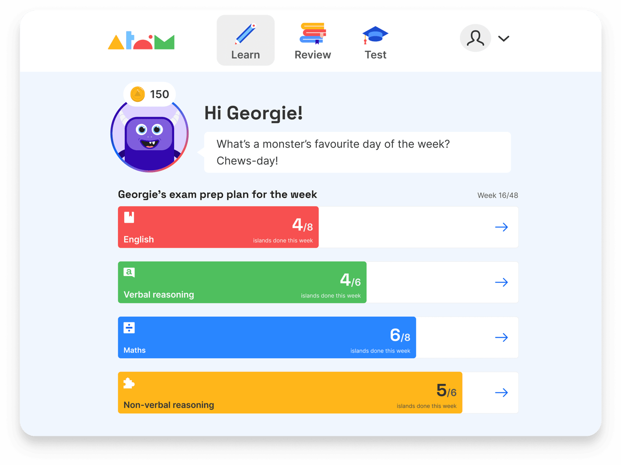 Georgie's weekly exam prep plan on Atom Home