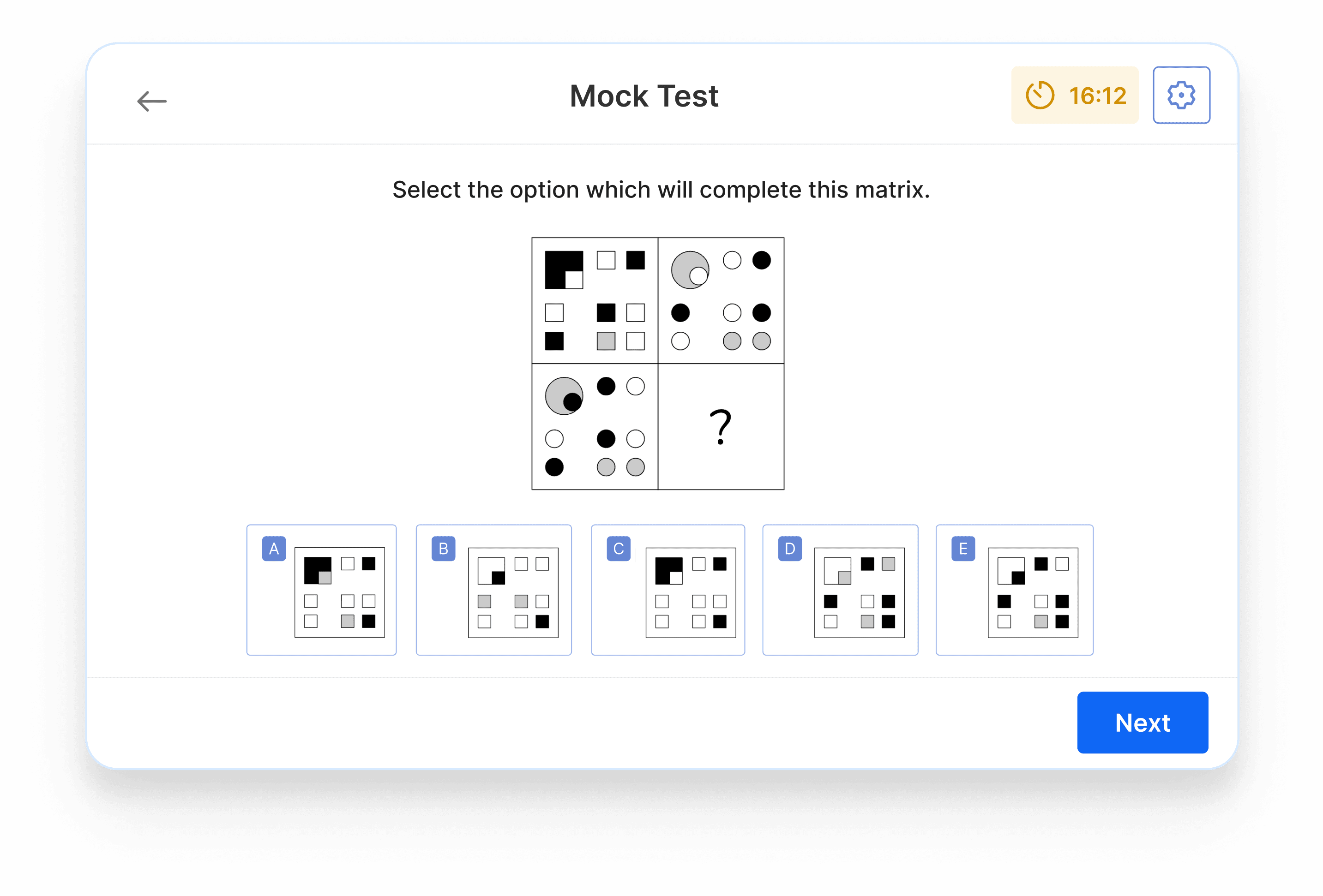A non-verbal reasoning question on a CEM Select mock test on Atom Home